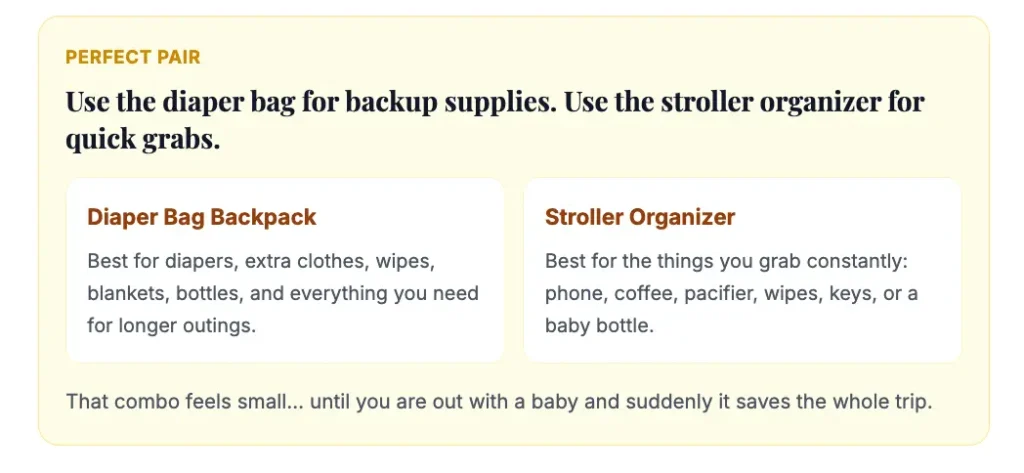 diaper bag and stroller organizer pairing for baby outings
