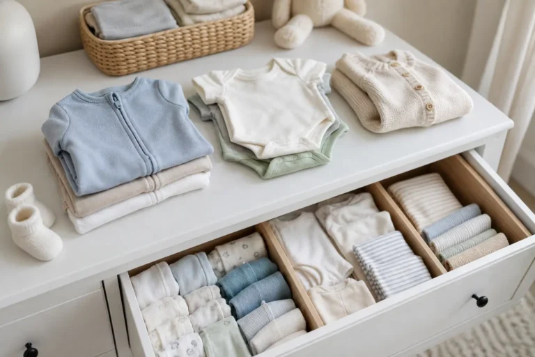 Newborn clothing essentials with folded sleepers bodysuits socks and seasonal layers