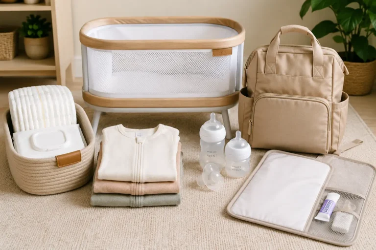 Newborn essentials arranged for a practical baby setup