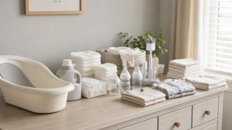 Newborn essentials for diaper changes with diapers wipes diaper cream changing pad and diaper caddy