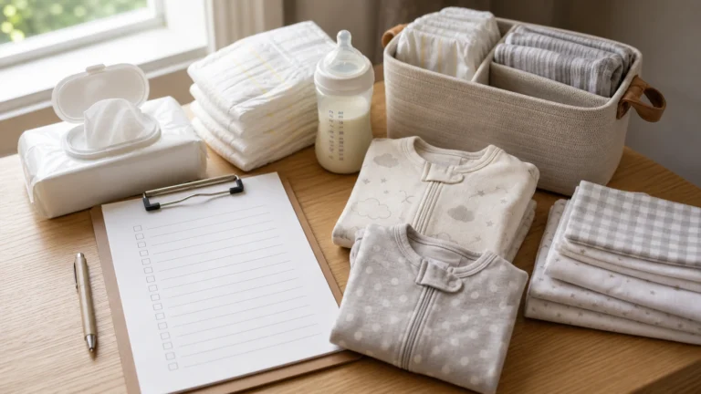 Newborn essentials checklist printable with diapers wipes sleepers burp cloths bottle and diaper caddy