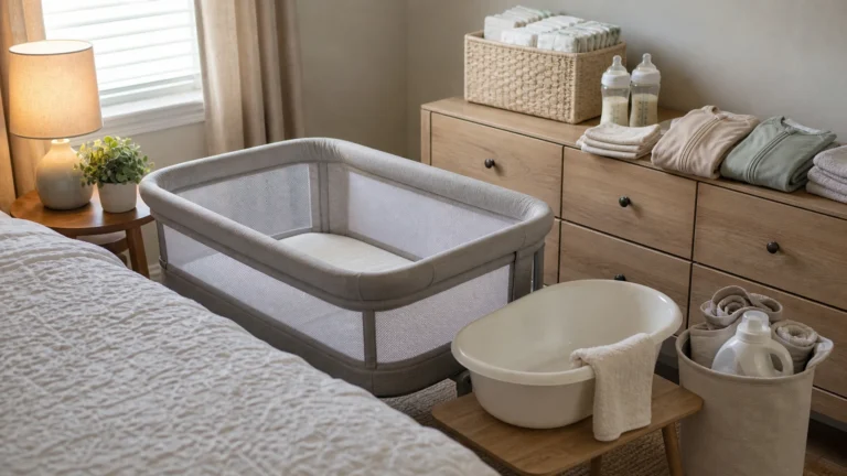Newborn essentials under 500 with bassinet diapers wipes bottles sleepers bath tub and laundry detergent