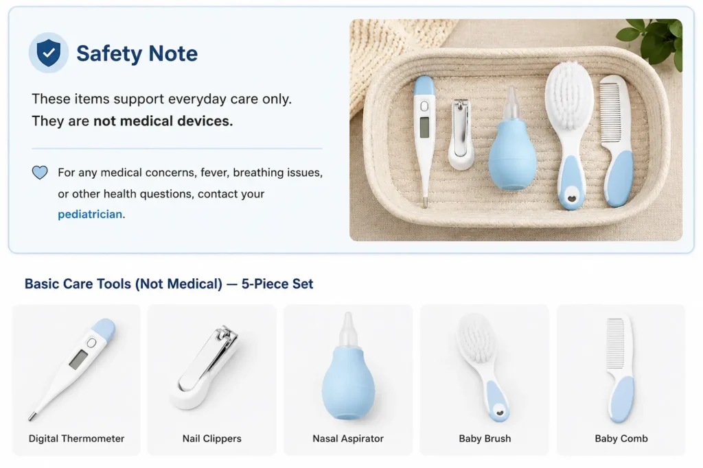 Newborn health essentials with basic baby care tools