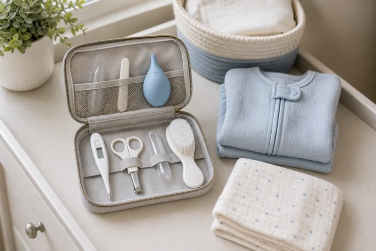 Newborn health essentials with thermometer nail clippers nasal aspirator and baby brush