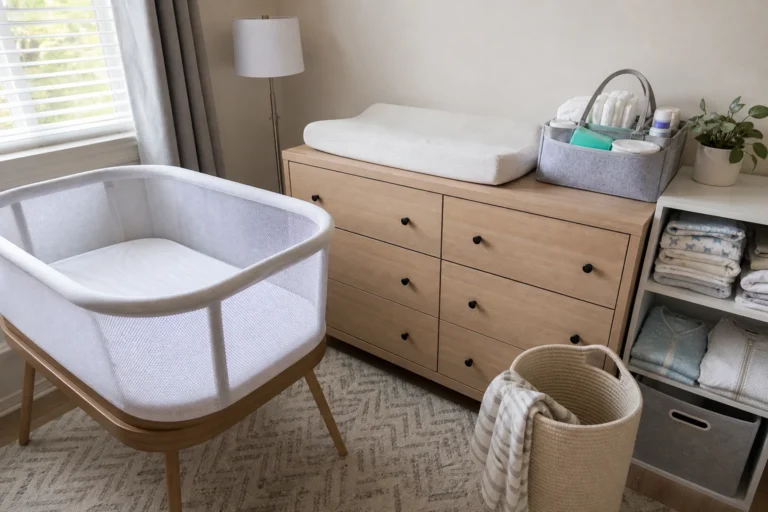Newborn nursery essentials with bassinet changing pad diaper caddy and sleep sack storage