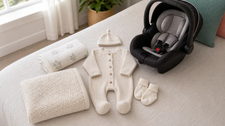 Baby going home outfit laid flat beside car seat with swaddle and warm blanket