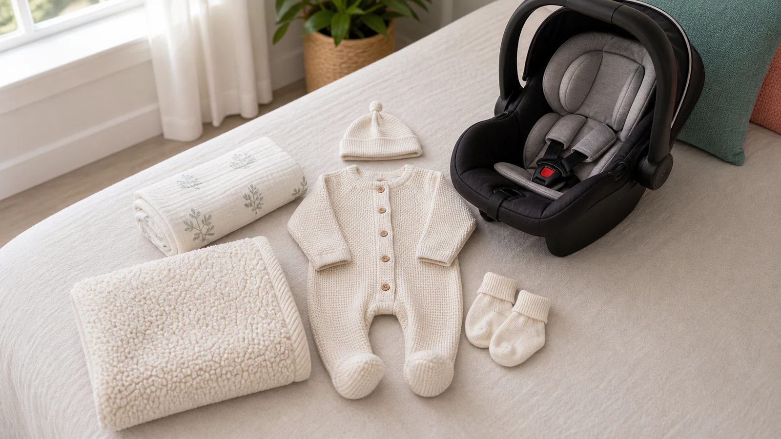 Baby going home outfit laid flat beside car seat with swaddle and warm blanket