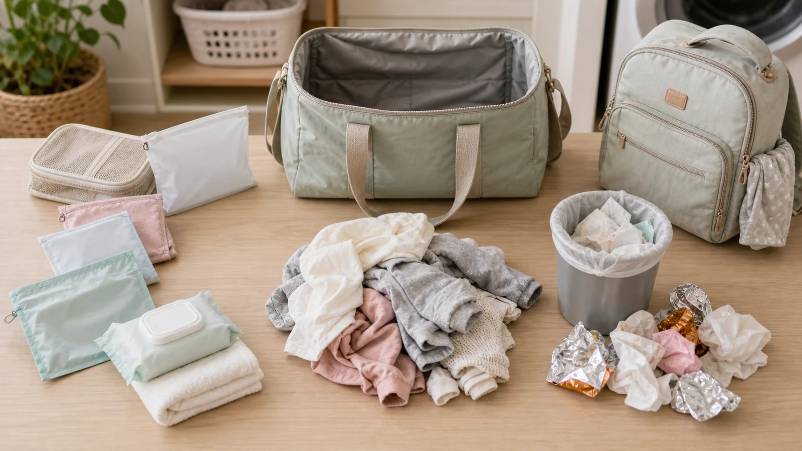How to clean hospital bag after birth with open duffel, wet dry bag, packing cubes, diaper bag backpack, laundry pile, wipes, and clean storage pouches