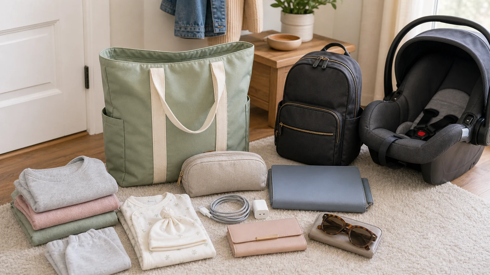 Forgot hospital bag backup setup with tote bag, diaper backpack, document folder, charger, toiletries, going-home outfit, and infant car seat