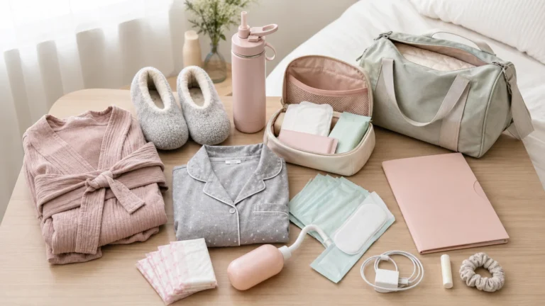 Hospital bag after delivery room setup with soft robe, nursing pajamas, slippers, water bottle, postpartum pads, peri bottle, cold packs, and recovery pouch