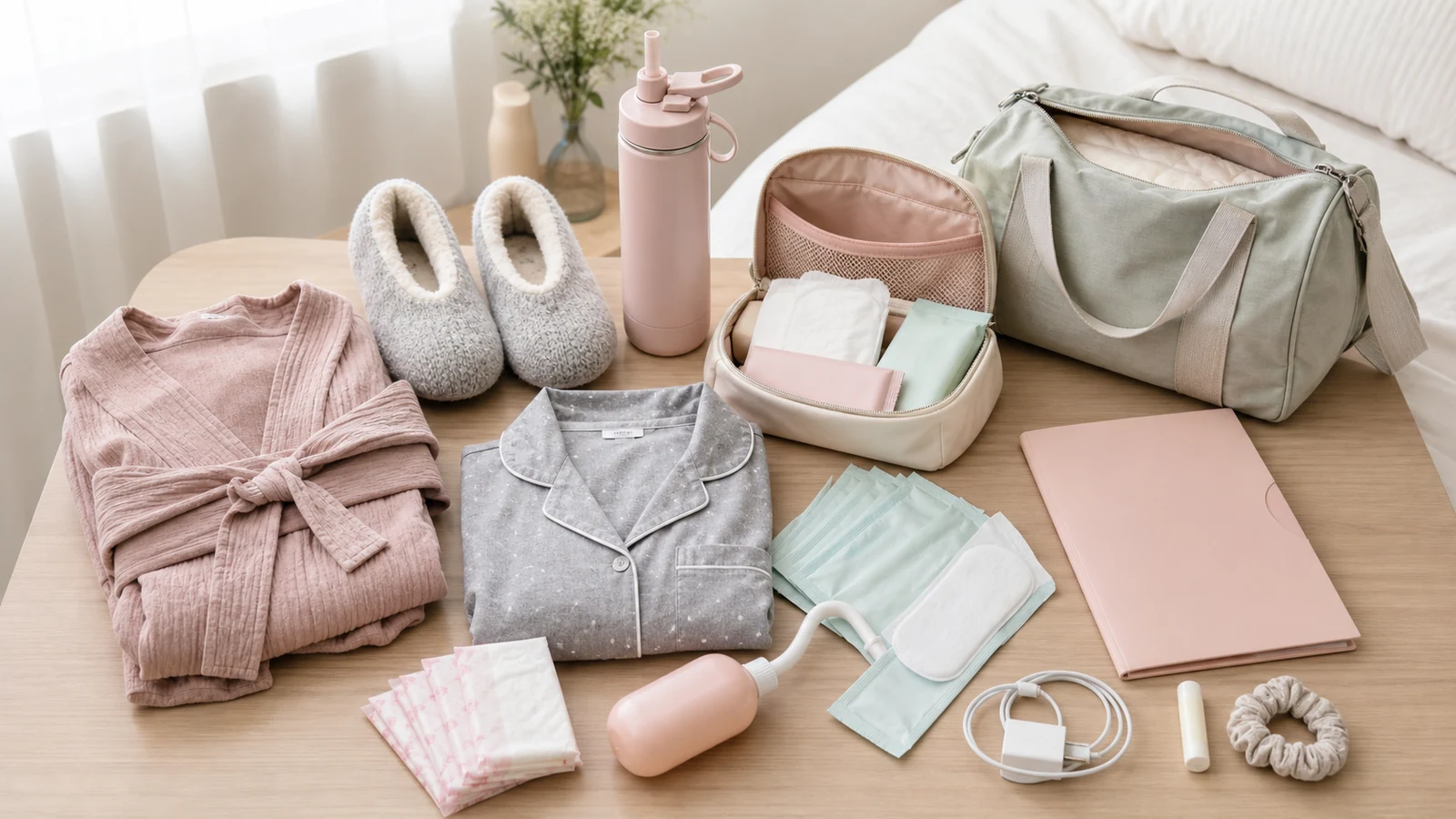 Hospital bag after delivery room setup with soft robe, nursing pajamas, slippers, water bottle, postpartum pads, peri bottle, cold packs, and recovery pouch