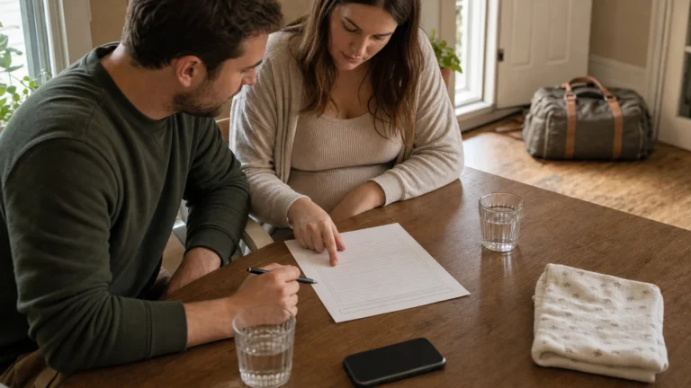 Expectant parents reviewing a one-page hospital bag birth plan beside their packed delivery bag