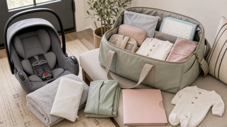 Hospital bag checklist after water breaks with open duffel bag, wet dry bag, waterproof underpad, document folder, toiletries, loose outfit, newborn outfit, and infant car seat