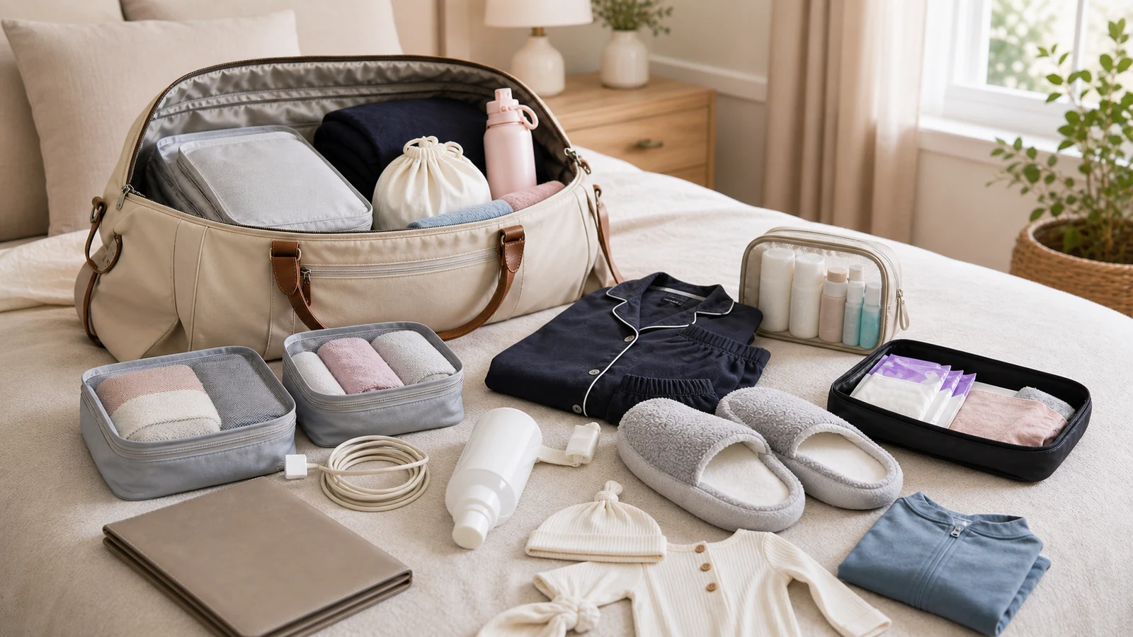 Hospital bag checklist for birth center with duffel bag, soft clothes, toiletries, documents, postpartum supplies, and baby outfit