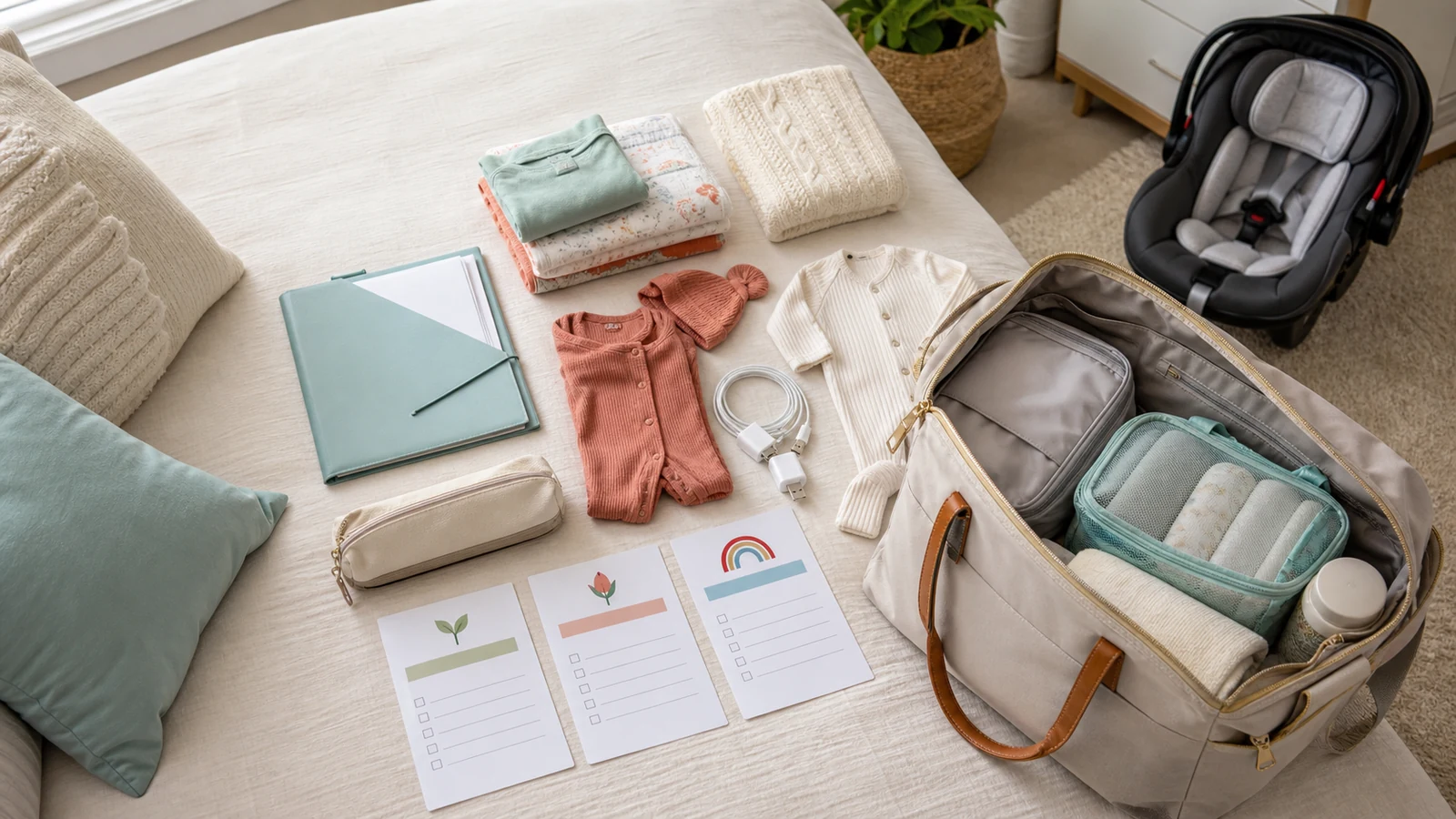 Hospital bag checklist by trimester with staged packing cards and baby essentials