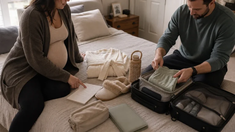 Expectant parent preparing a C-section hospital bag with loose clothing and labeled packing cubes
