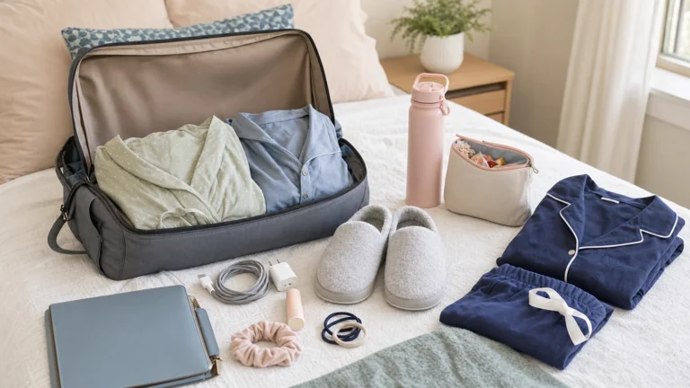 Hospital bag checklist for epidural with labor gown, slippers, document folder, long charger, straw water bottle, and soft pajamas