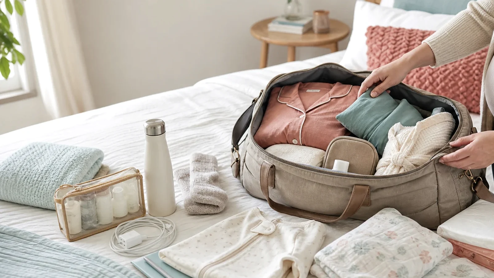 Hospital bag checklist for first time moms packed on a bed