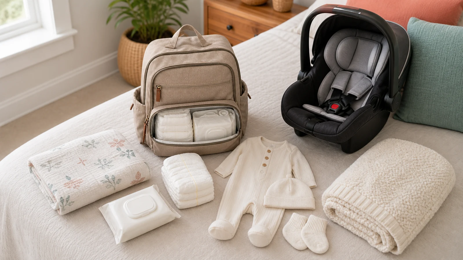 Hospital bag checklist for baby with going home outfit diapers wipes blanket and car seat