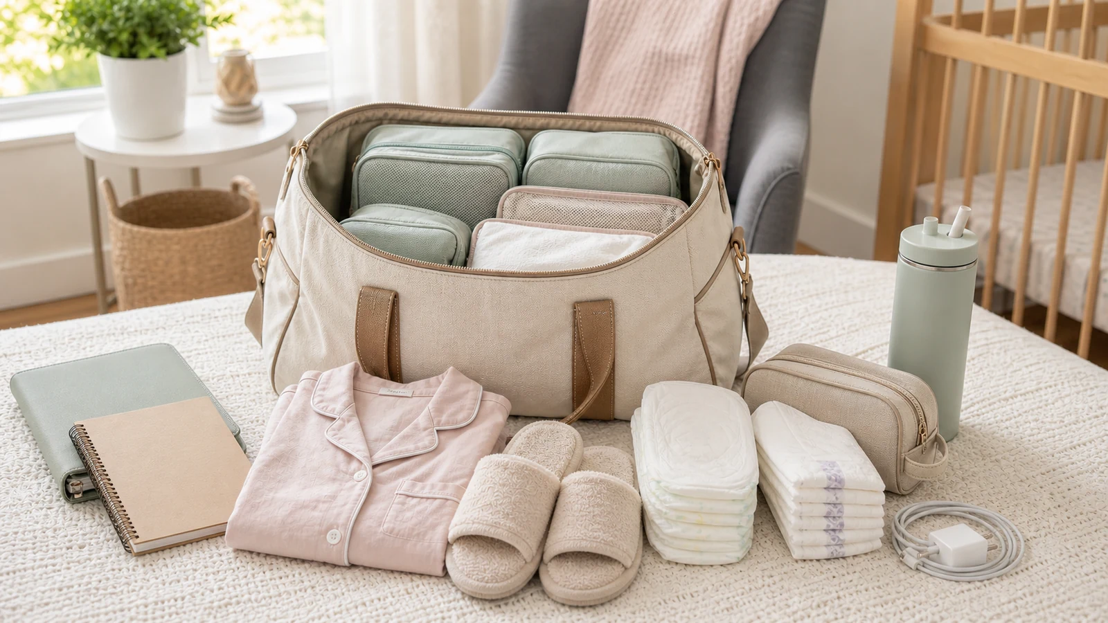 Hospital bag checklist for induction items arranged for a longer hospital stay