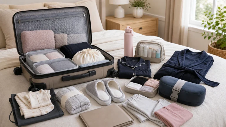 Hospital bag checklist for planned c section with rolling suitcase, documents, soft clothes, postpartum supplies, and seat belt pillow