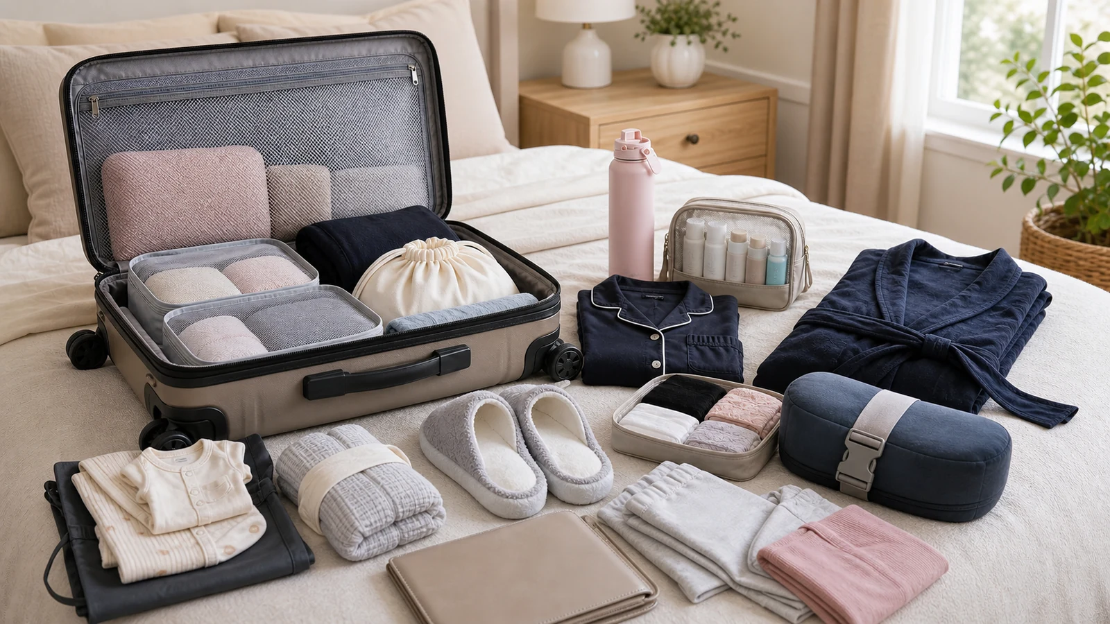 Hospital bag checklist for planned c section with rolling suitcase, documents, soft clothes, postpartum supplies, and seat belt pillow