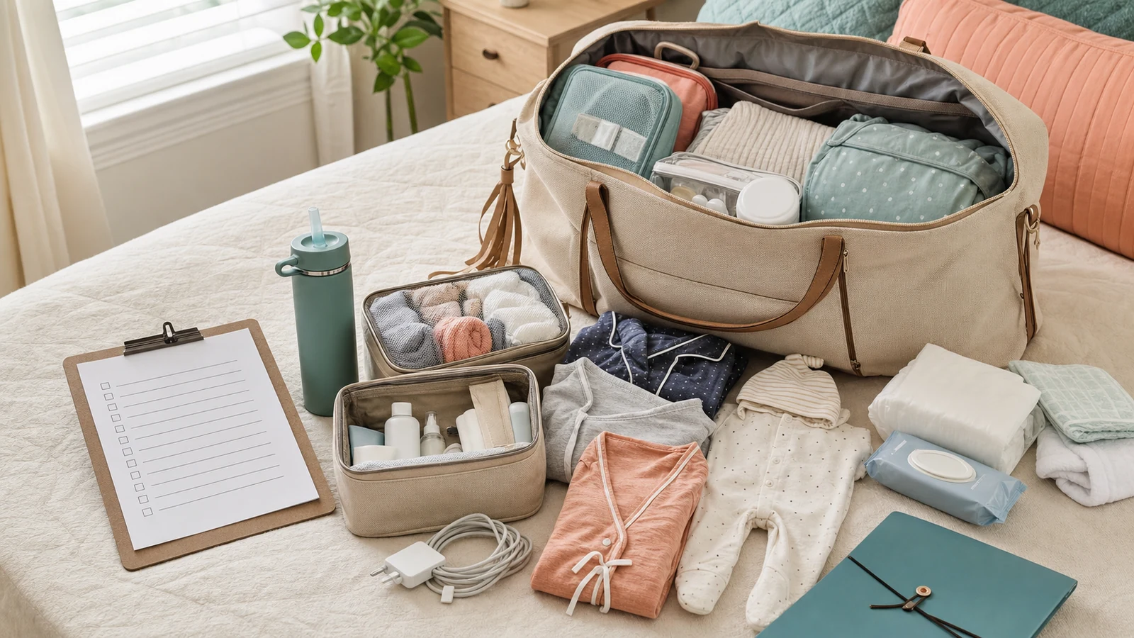 Hospital bag checklist printable beside organized mom baby and partner essentials