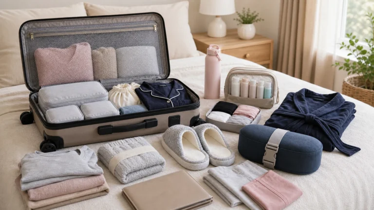Hospital bag checklist for repeat c section with rolling suitcase, soft clothes, recovery supplies, water bottle, and seat belt pillow
