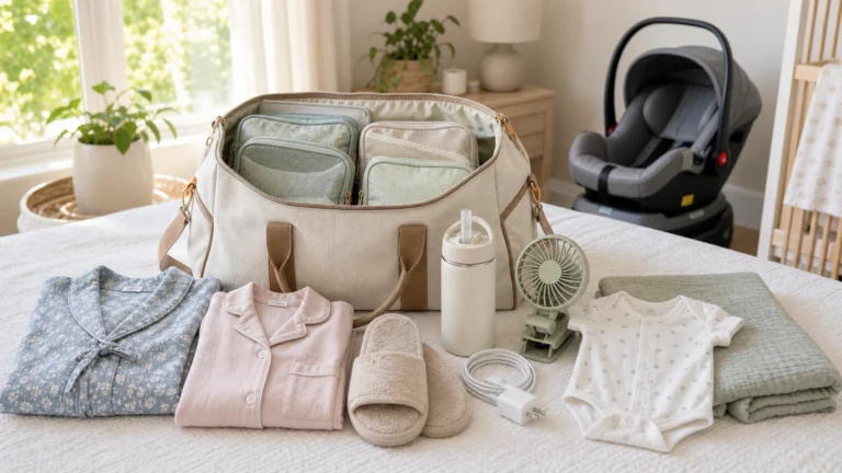 Hospital bag checklist summer items with breathable clothes, water bottle, fan, and baby outfit