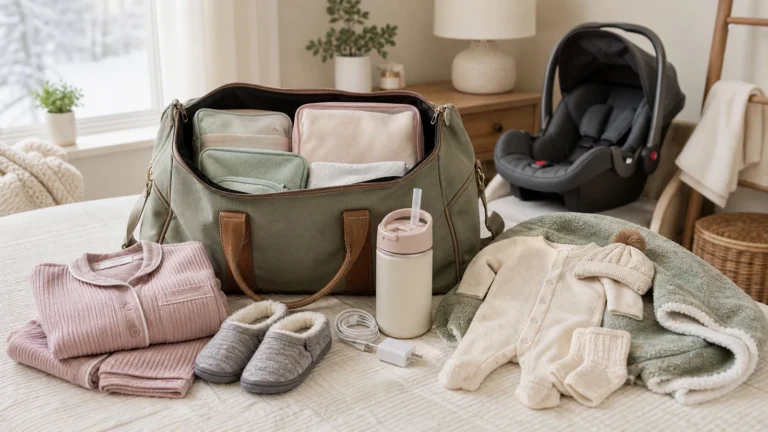 Hospital bag checklist winter items with warm layers and car-seat-safe baby blanket