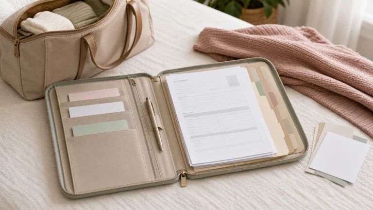 Hospital bag documents organized in a labeled folder beside identification and insurance cards