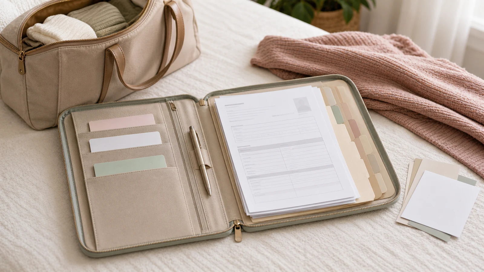 Hospital bag documents organized in a labeled folder beside identification and insurance cards
