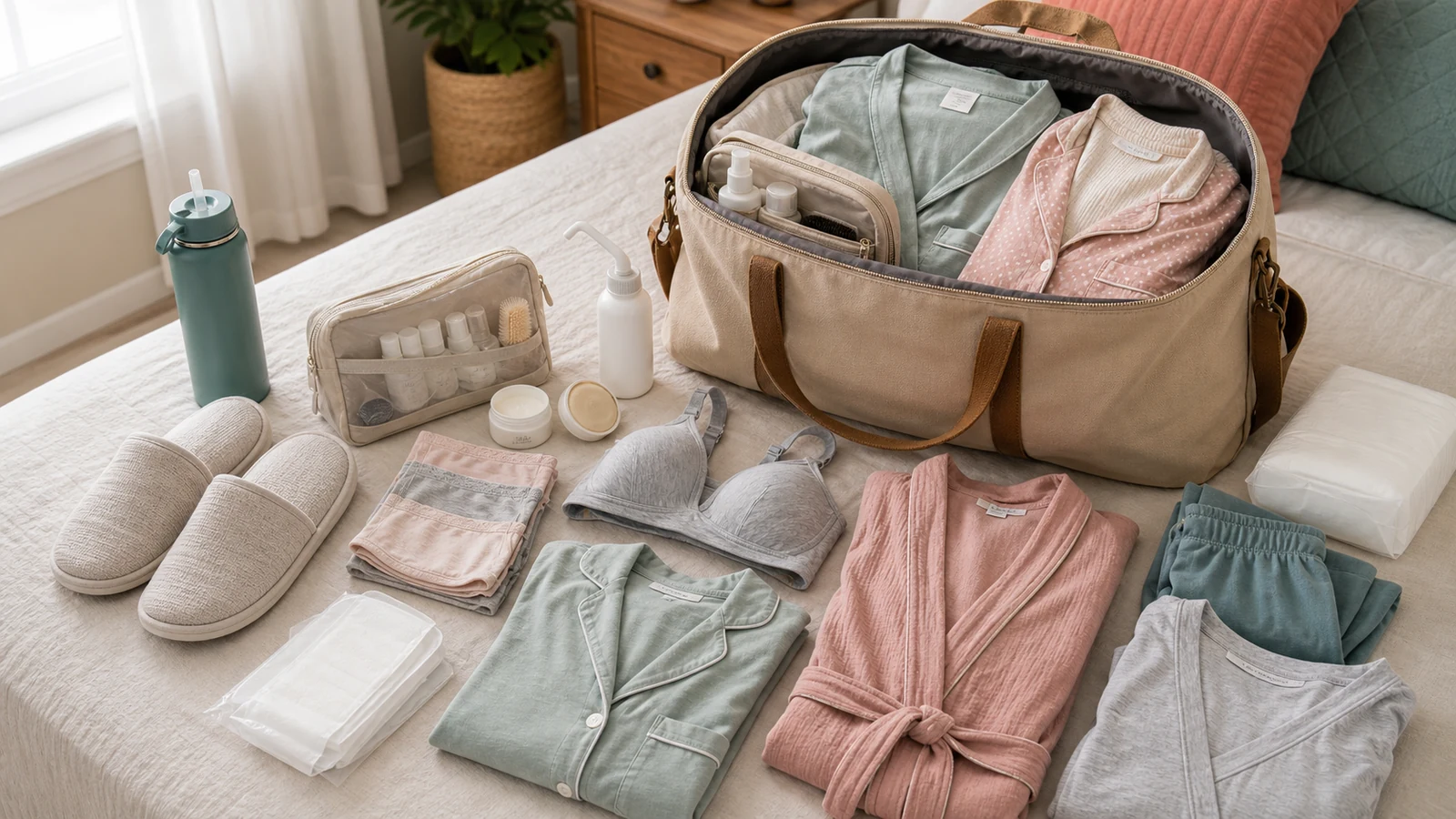 Hospital bag for mom checklist with comfort clothing toiletries and recovery supplies