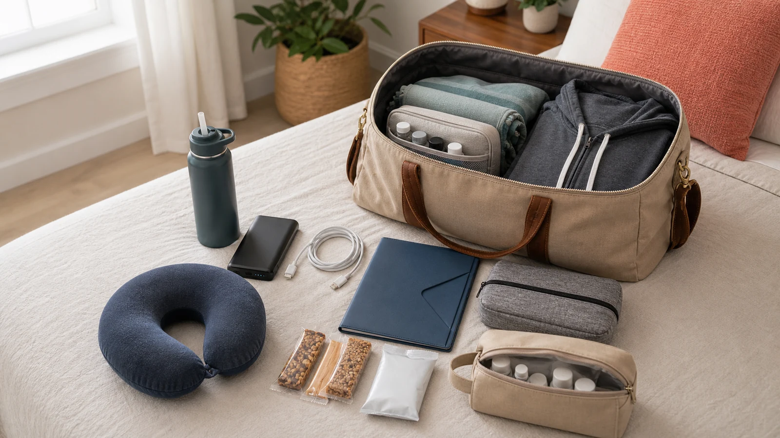 Hospital bag for partner with toiletries charger snacks water documents and blanket