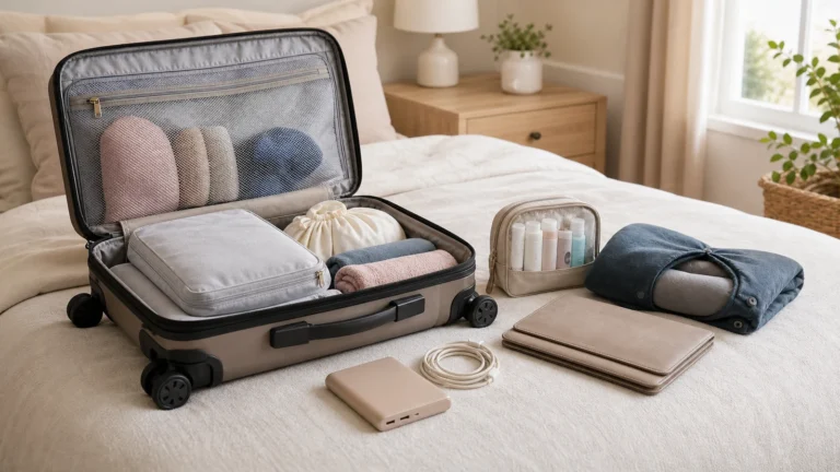 Hospital bag for high risk pregnancy packed early with documents, chargers, toiletries, and comfort items