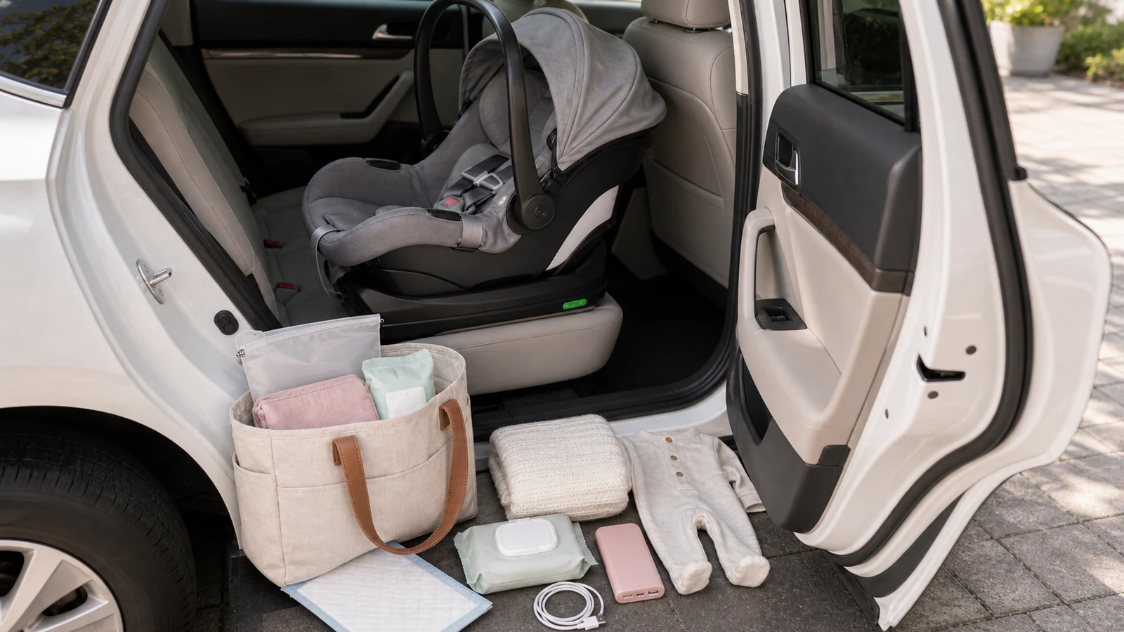 Hospital bag items to keep in car with wet dry bag, waterproof underpad, wipes, charger cable, power bank, baby outfit, blanket, and infant car seat