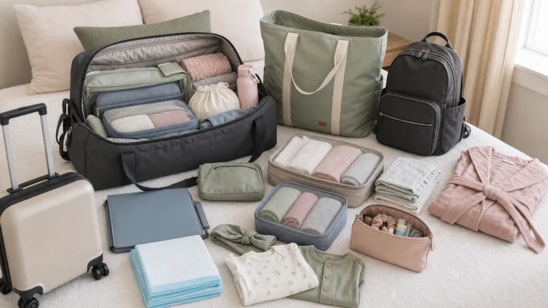 Hospital bag organization tips with labeled packing cubes, document folder, wet dry bag, diaper backpack, tote, and duffel bag