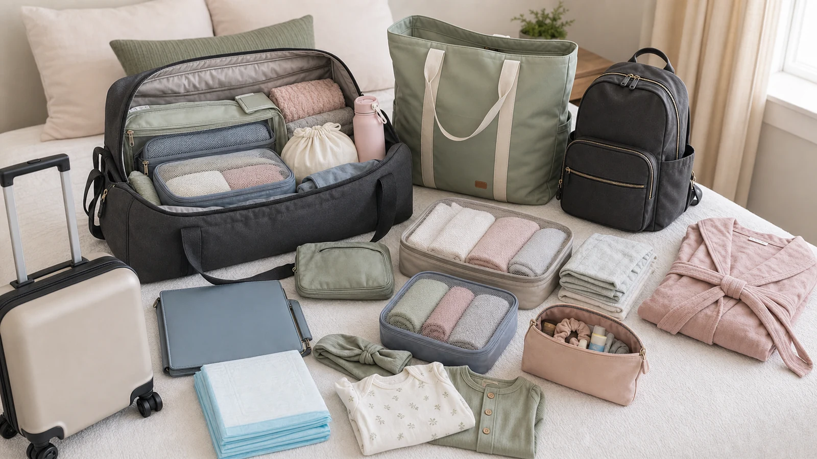 Hospital bag organization tips with labeled packing cubes, document folder, wet dry bag, diaper backpack, tote, and duffel bag
