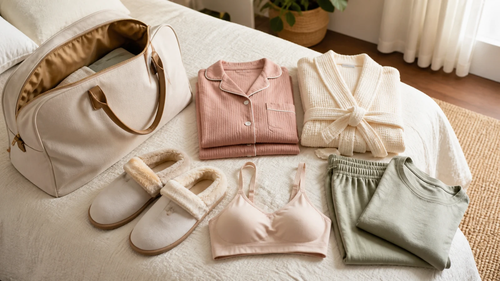 Hospital bag outfit for mom with soft pajamas, robe, slippers, nursing bra, and loose going-home clothes