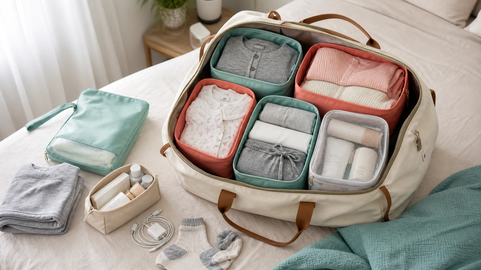 Hospital bag packing cubes organized inside a weekender bag with wet dry bag