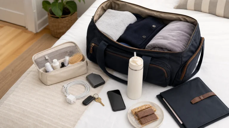 Hospital bag packing list for partner checklist with duffel bag, charger cable, power bank, water bottle, snack bars, document folder, toiletry kit, and compact blanket