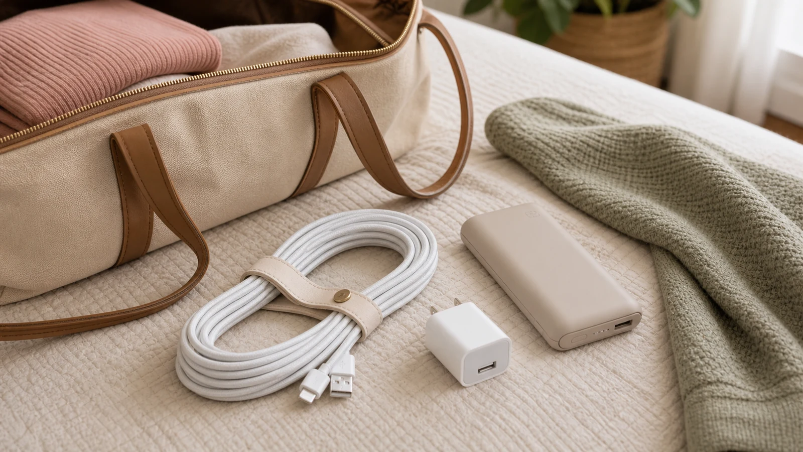 Hospital bag phone charger kit with a long cable, wall adapter, and portable power bank