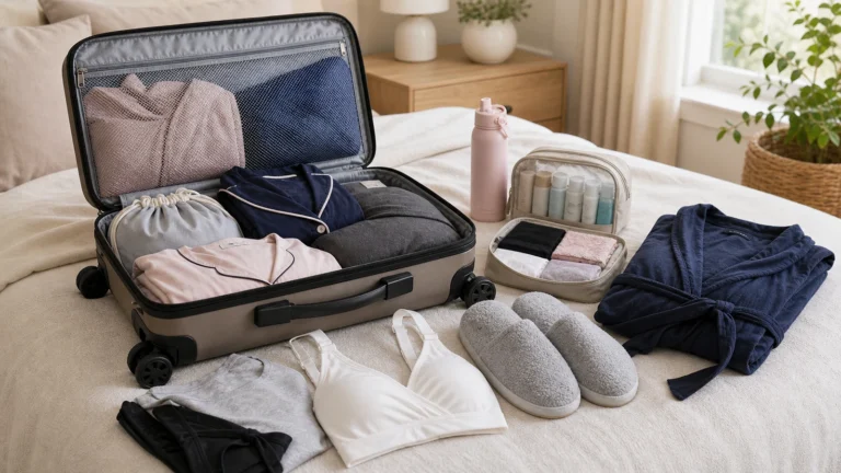 Hospital bag for plus size mom packed with comfortable clothes, robe, slippers, toiletries, and water bottle