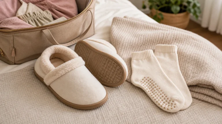 Hospital bag slippers and grippy socks beside an open maternity hospital bag