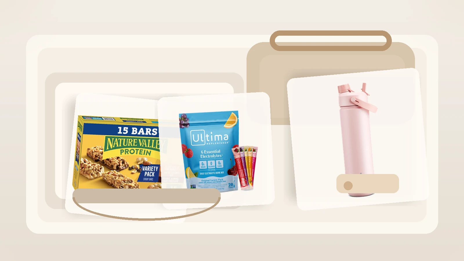 Hospital bag snacks packed in a small pouch with bars, water bottle, and drink mix