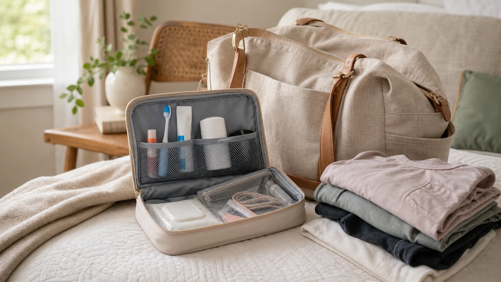 Hospital bag toiletries arranged in a compact travel kit beside a soft labor bag