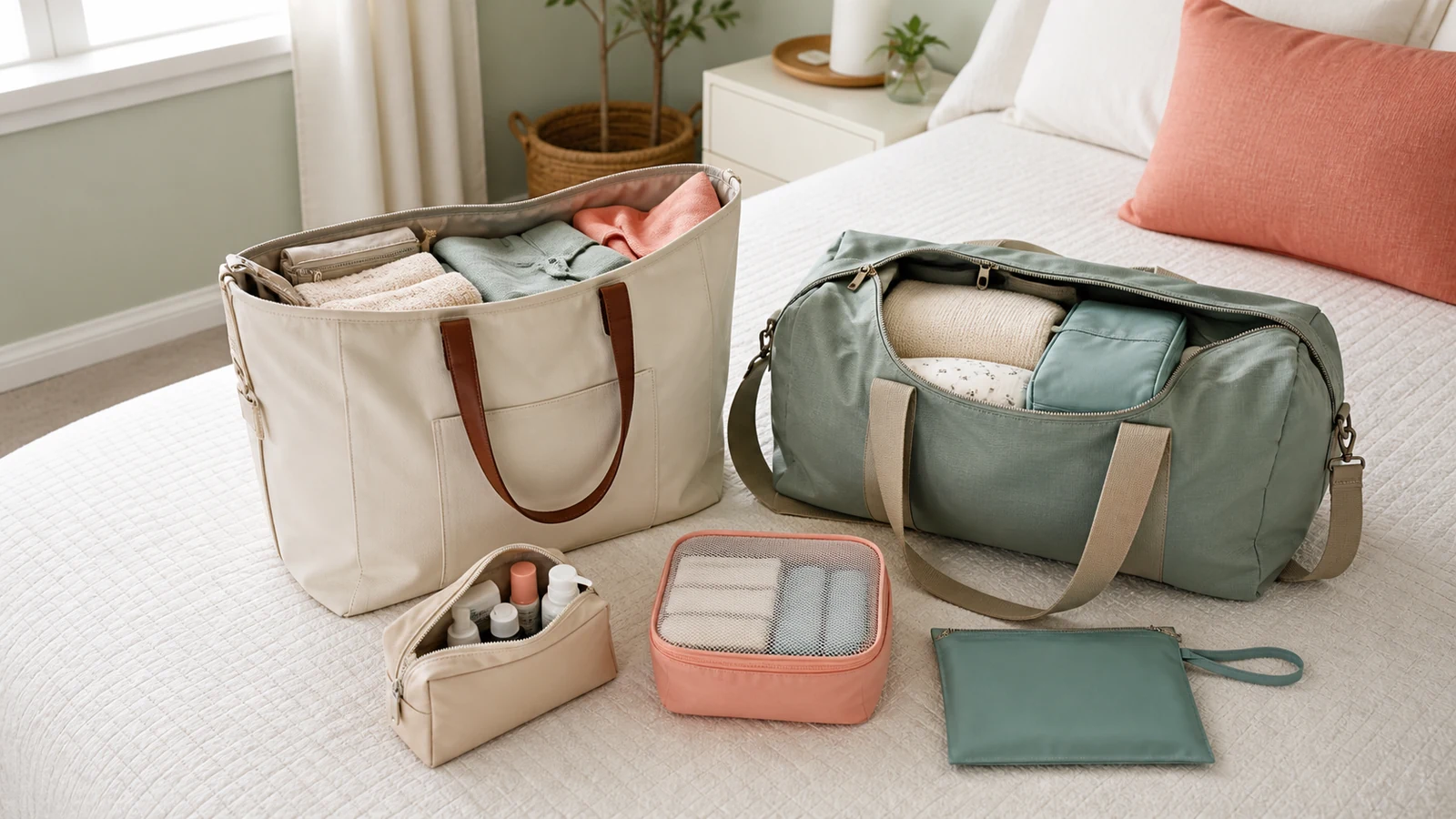 Hospital bag tote vs duffel comparison with packing cubes and wet dry bag