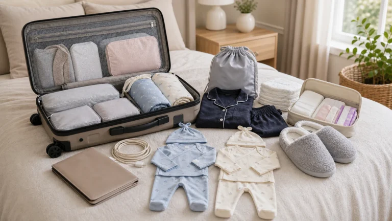Hospital bag for twins pregnancy packed with two baby outfits, diapers, documents, chargers, and recovery supplies