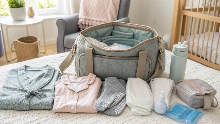Expectant parent packing a hospital bag vaginal delivery checklist with labor clothes and recovery supplies