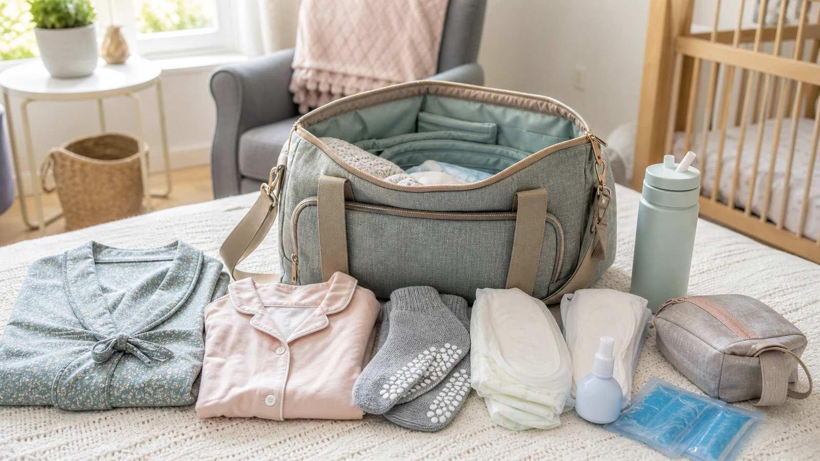 Expectant parent packing a hospital bag vaginal delivery checklist with labor clothes and recovery supplies